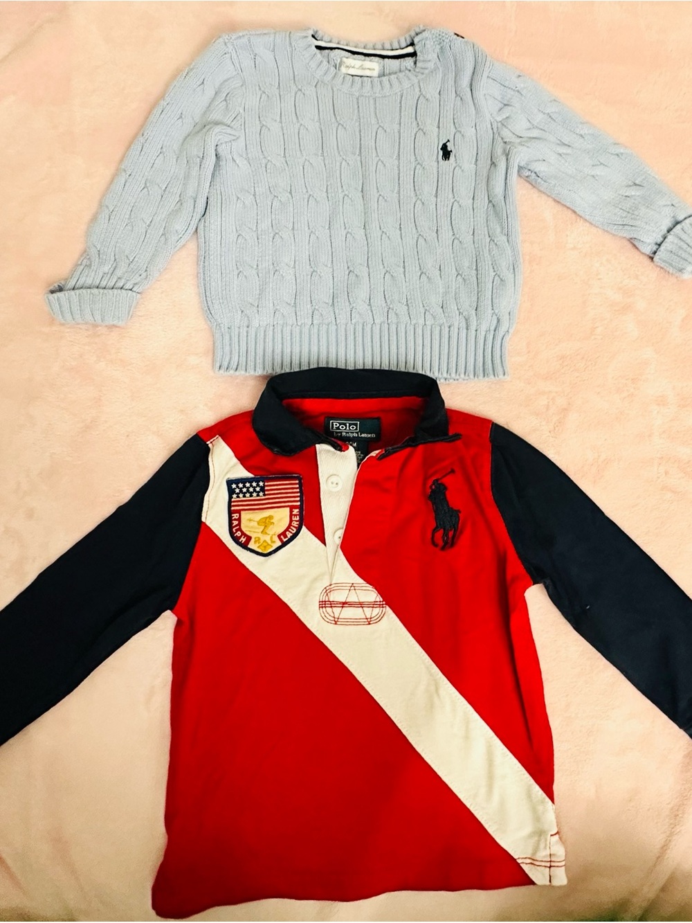Ralph Lauren Red & Navy Rugby Shirt with Light Blue Cable Knit Sweater